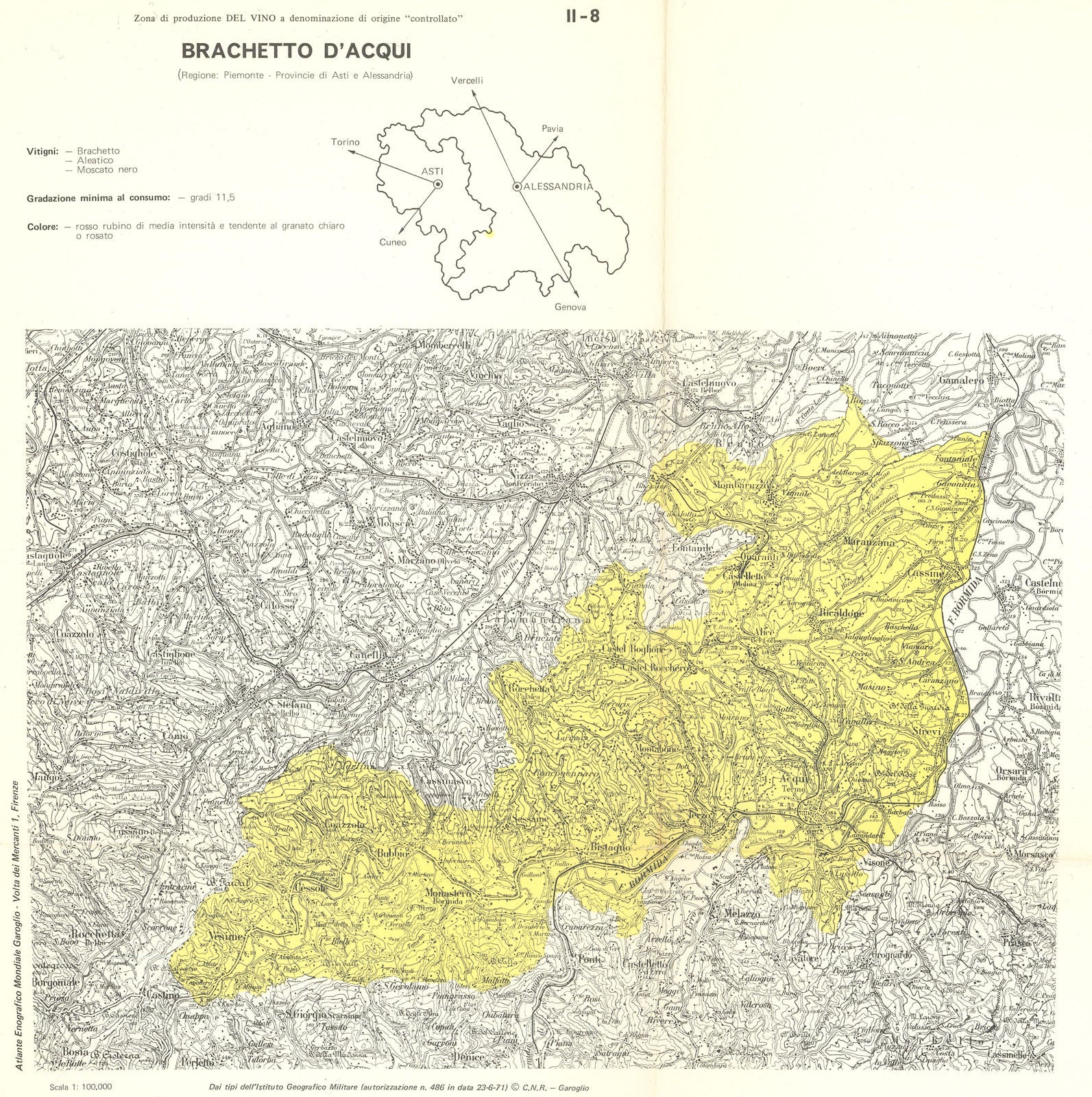 Italy wine. Brachetto d'Acqui DOC. Piemonte. Asti e Alessandria 1976 old map